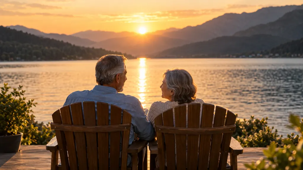 Pareja mayor sentada frente al lago al atardecer