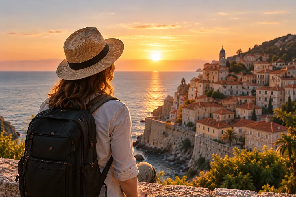 Viajera frente a un pueblo costero al atardecer