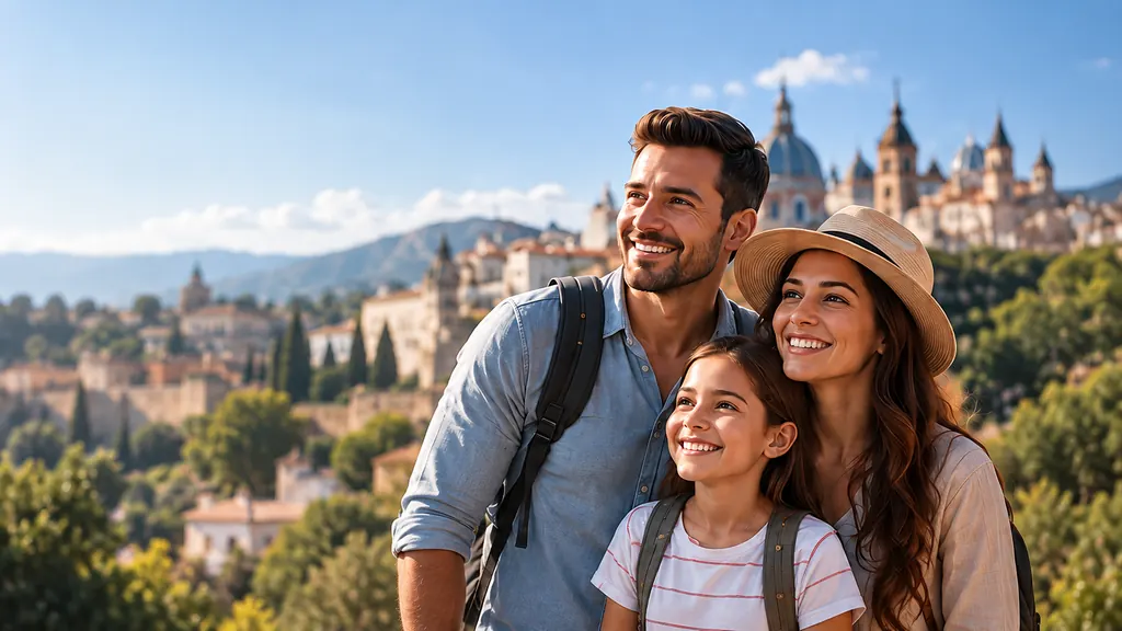 Familia de viaje frente a una ciudad europea
