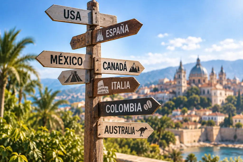 Poste de señales con destinos de distintos países