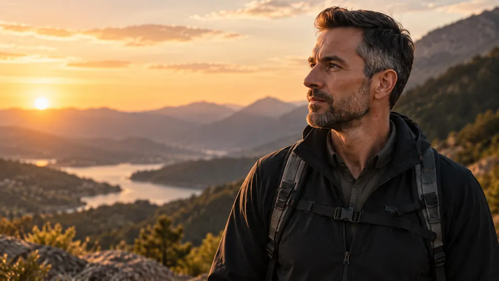 Hombre contemplando las montañas al atardecer