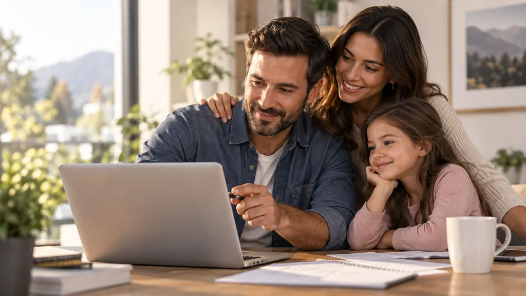 Familia revisando su plan en la computadora