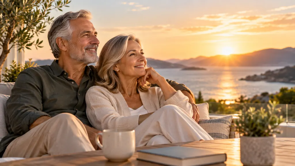 Pareja mayor disfrutando la vista al mar desde su casa