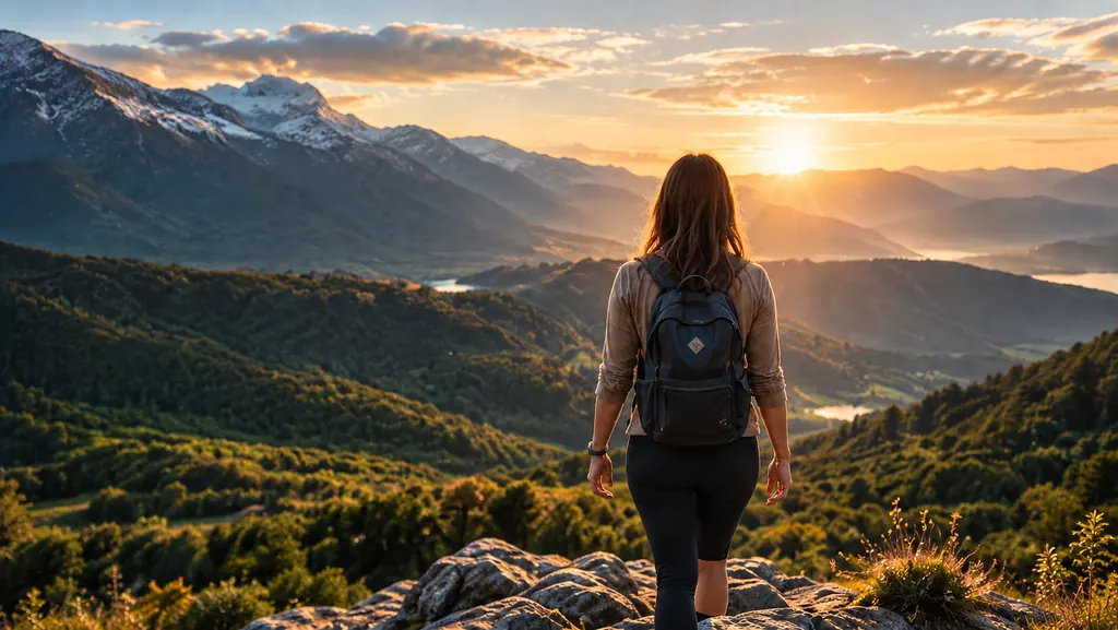 Mujer contemplando un valle al amanecer