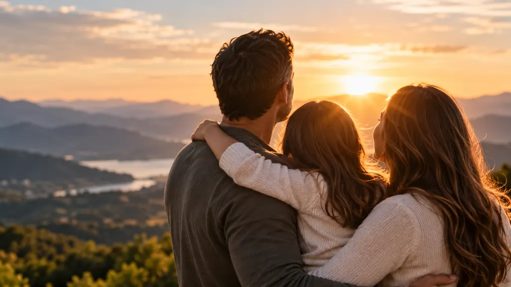 Familia abrazada mirando el atardecer