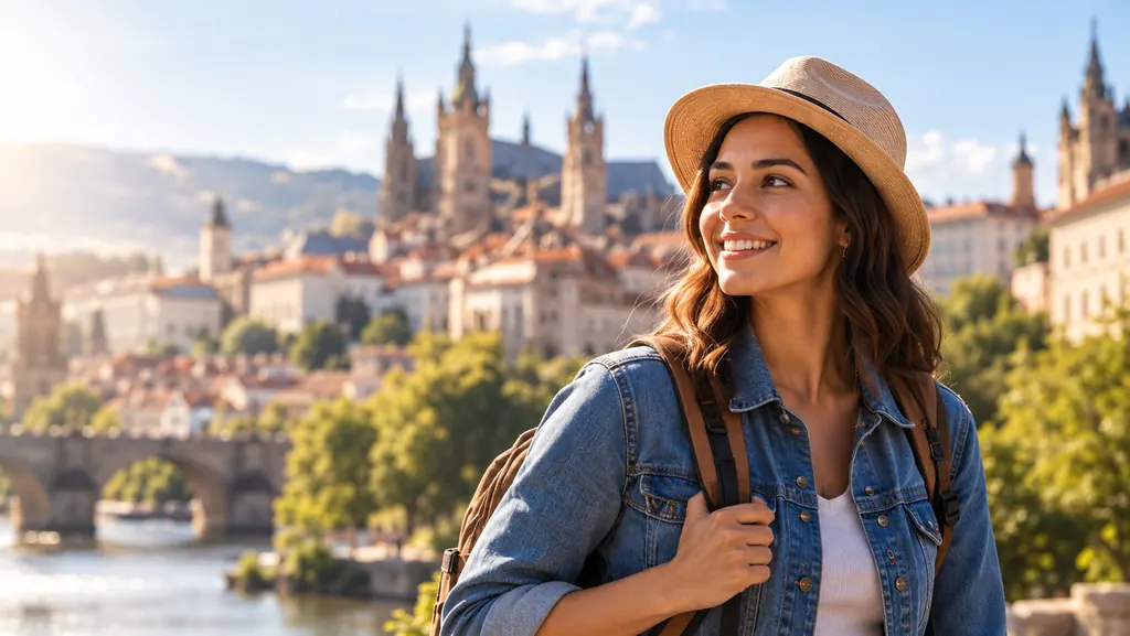 Viajera sonriendo frente a una ciudad europea
