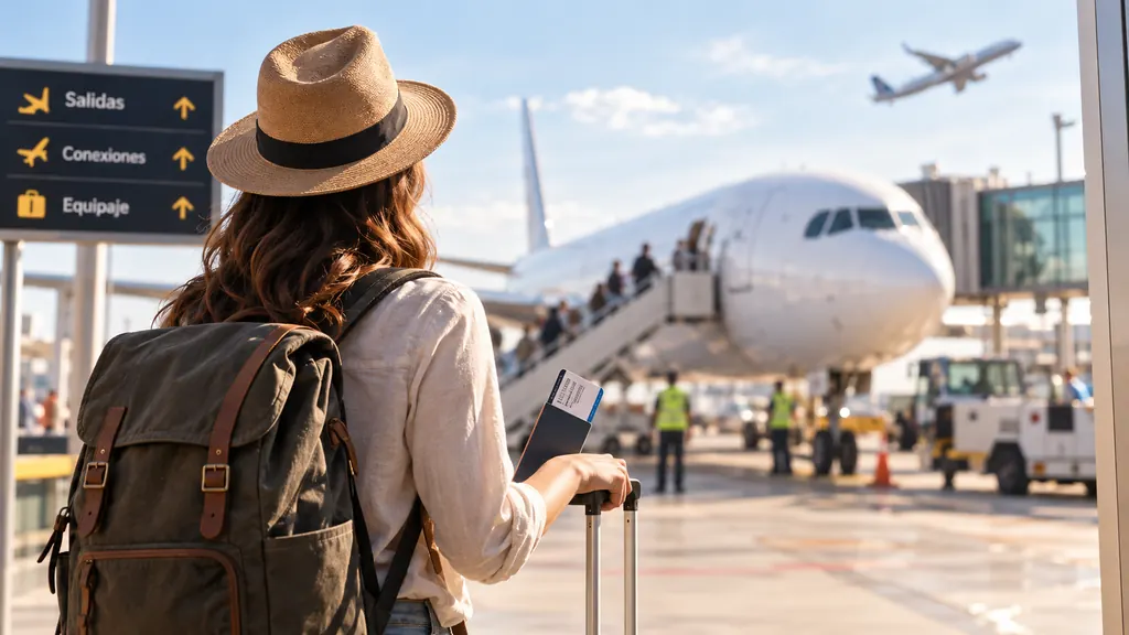 Viajera en el aeropuerto junto a un avión