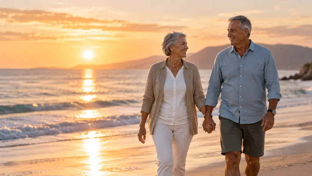Pareja mayor caminando por la playa al atardecer