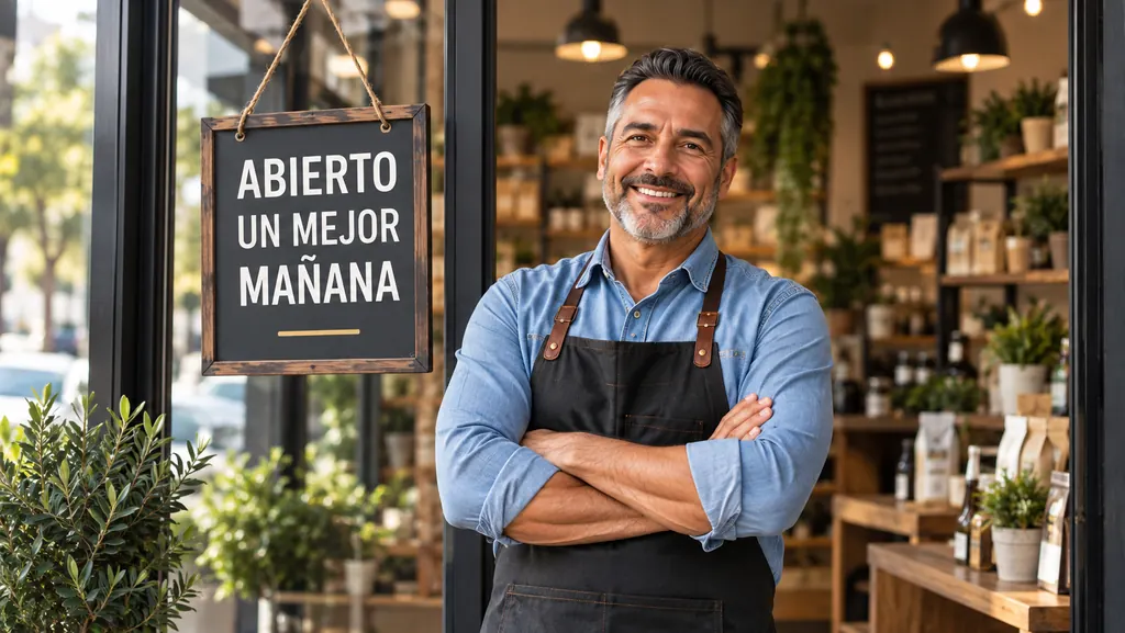 Dueño de negocio junto al letrero de su tienda abierta