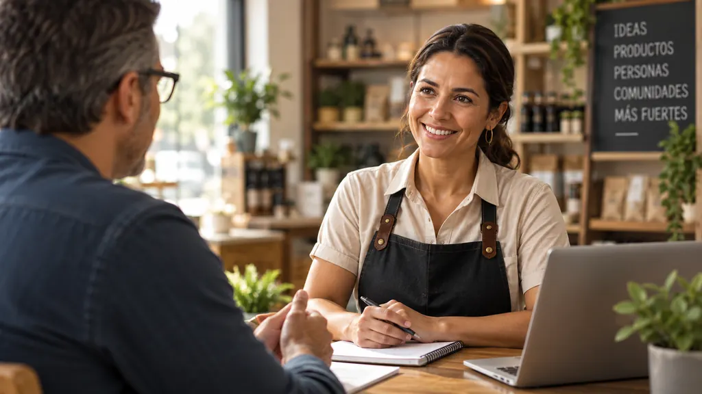 Emprendedora conversando con un asesor en su tienda