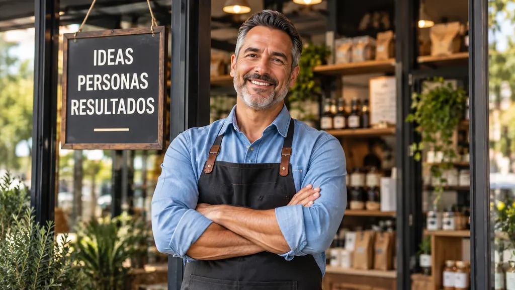 Dueño de negocio sonriendo frente a su tienda
