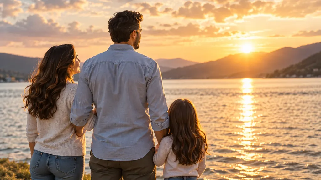 Familia frente al lago al atardecer