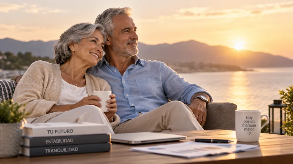 Pareja mayor sonriendo en su terraza al atardecer
