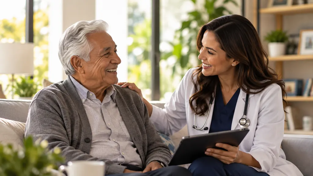 Hombre mayor conversando con una profesional de la salud