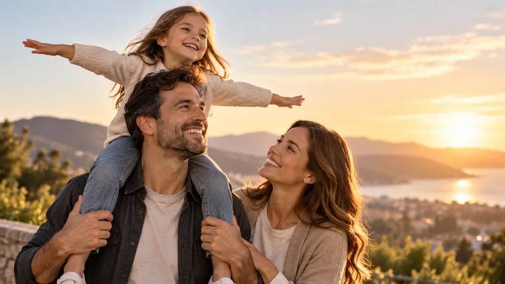 Padre cargando a su hija sobre los hombros al atardecer