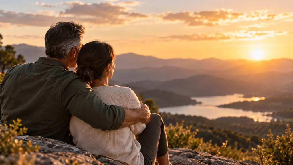 Pareja sentada frente al valle al atardecer