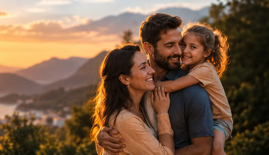 Familia abrazada frente al atardecer