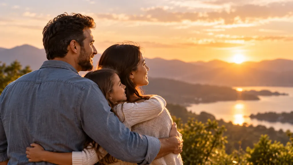 Familia abrazada frente al lago al atardecer